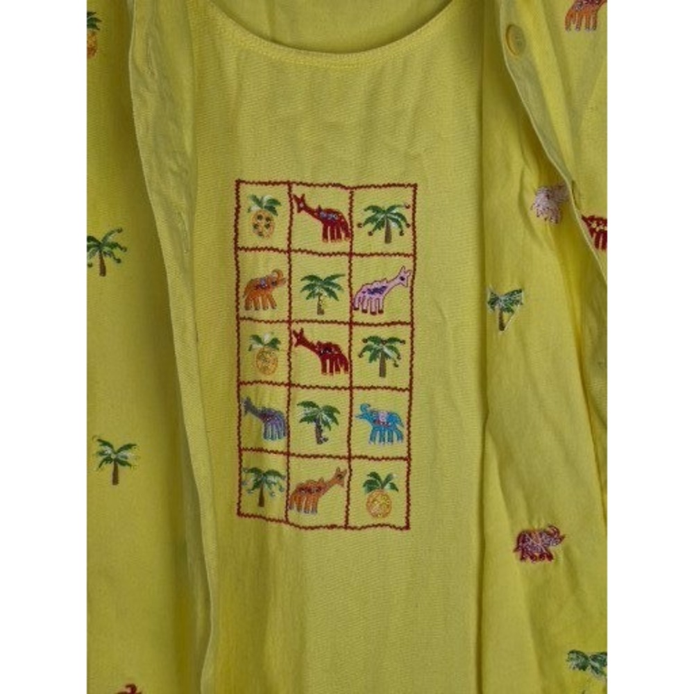 VTG Carrie Allen Yellow Embroidered Giraffe Pineapple Palm Tree Shirt Dress Sz S - Picture 6 of 7